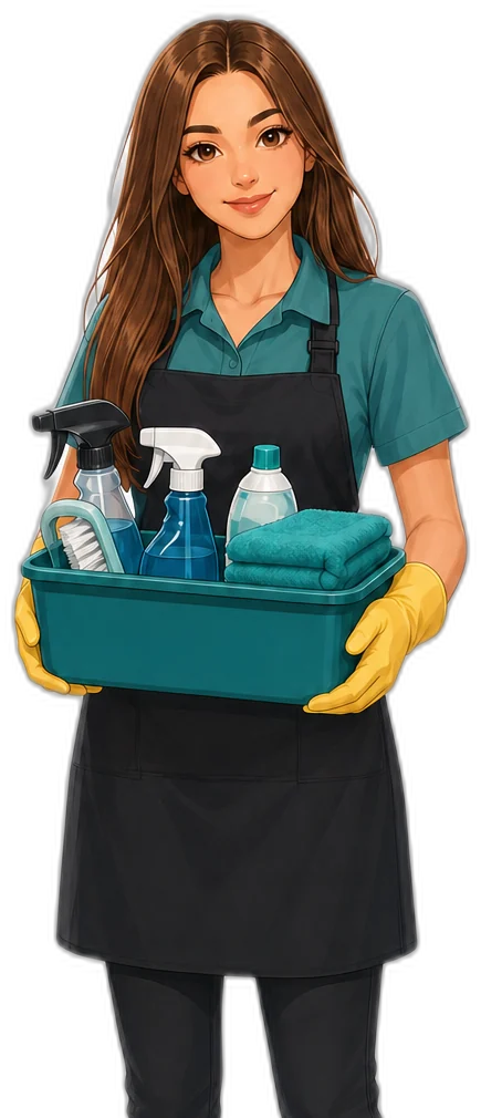 cleanNow cleaner in a teal polo and yellow gloves carrying a caddy of cleaning supplies