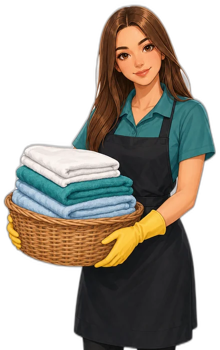 cleanNow cleaner in a teal polo and yellow gloves holding a basket of folded towels