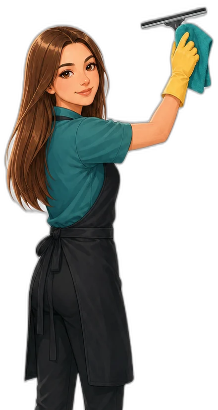 cleanNow cleaner in a teal polo and yellow gloves wiping a window with a squeegee
