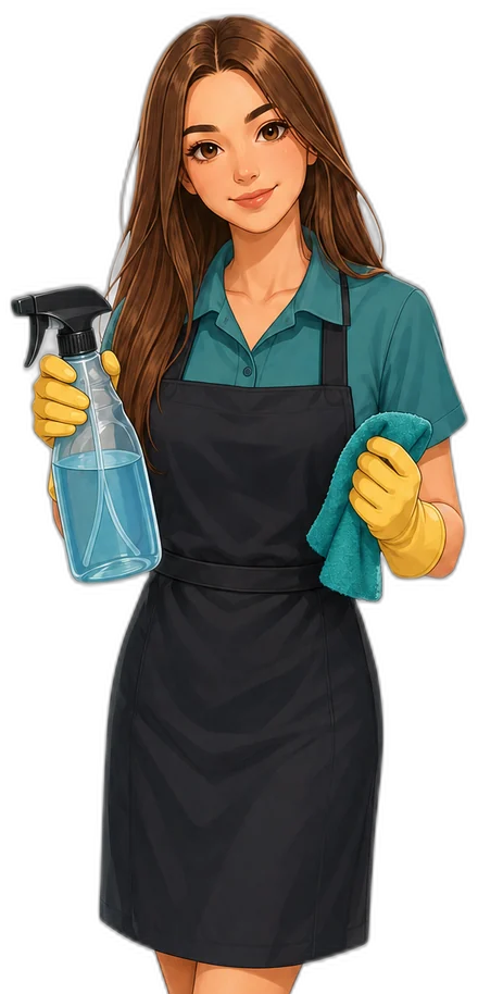 cleanNow cleaner in a teal polo and yellow gloves holding a spray bottle and cloth