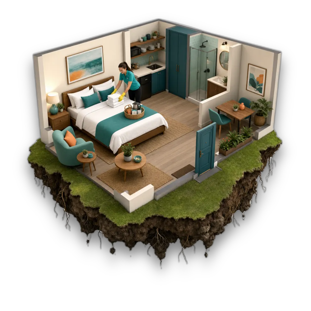 Cutaway diorama of a freshly turned-over Seattle Airbnb studio staged for the next guest, on a floating island