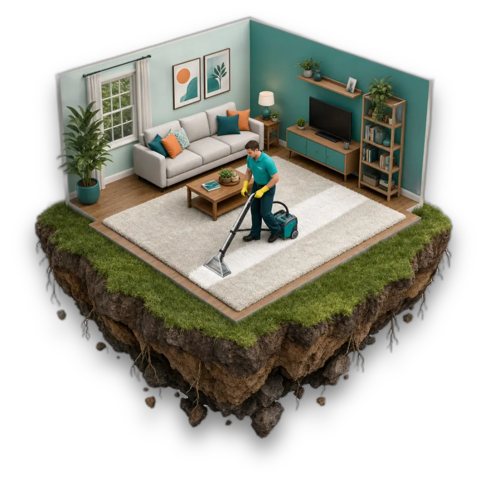 Cutaway diorama of a Seattle living room carpet being deep-cleaned with an extractor, on a floating island