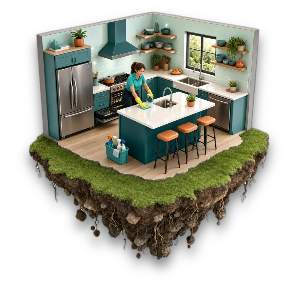 Cutaway diorama of a Seattle kitchen being deep-cleaned to a sparkle, on a floating island