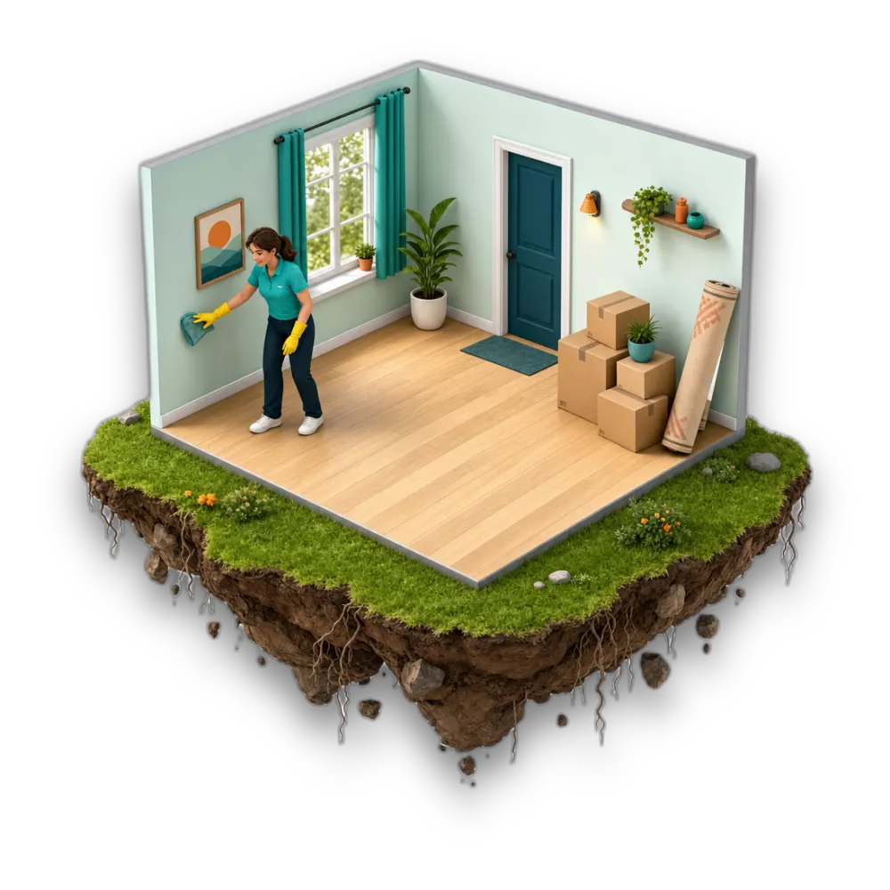 Cutaway diorama of a Seattle move-in clean — empty room with moving boxes, on a floating island