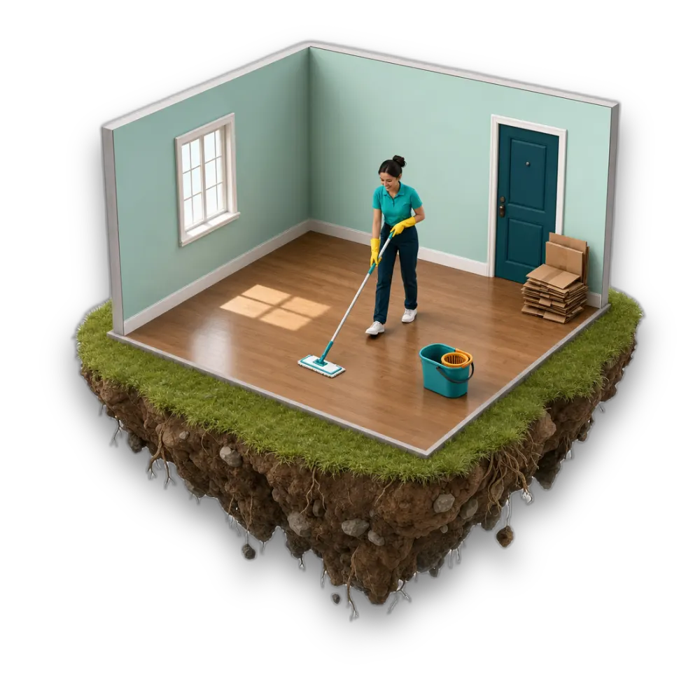 Cutaway diorama of a Seattle move-out clean — empty room being mopped, boxes by the door, on a floating island