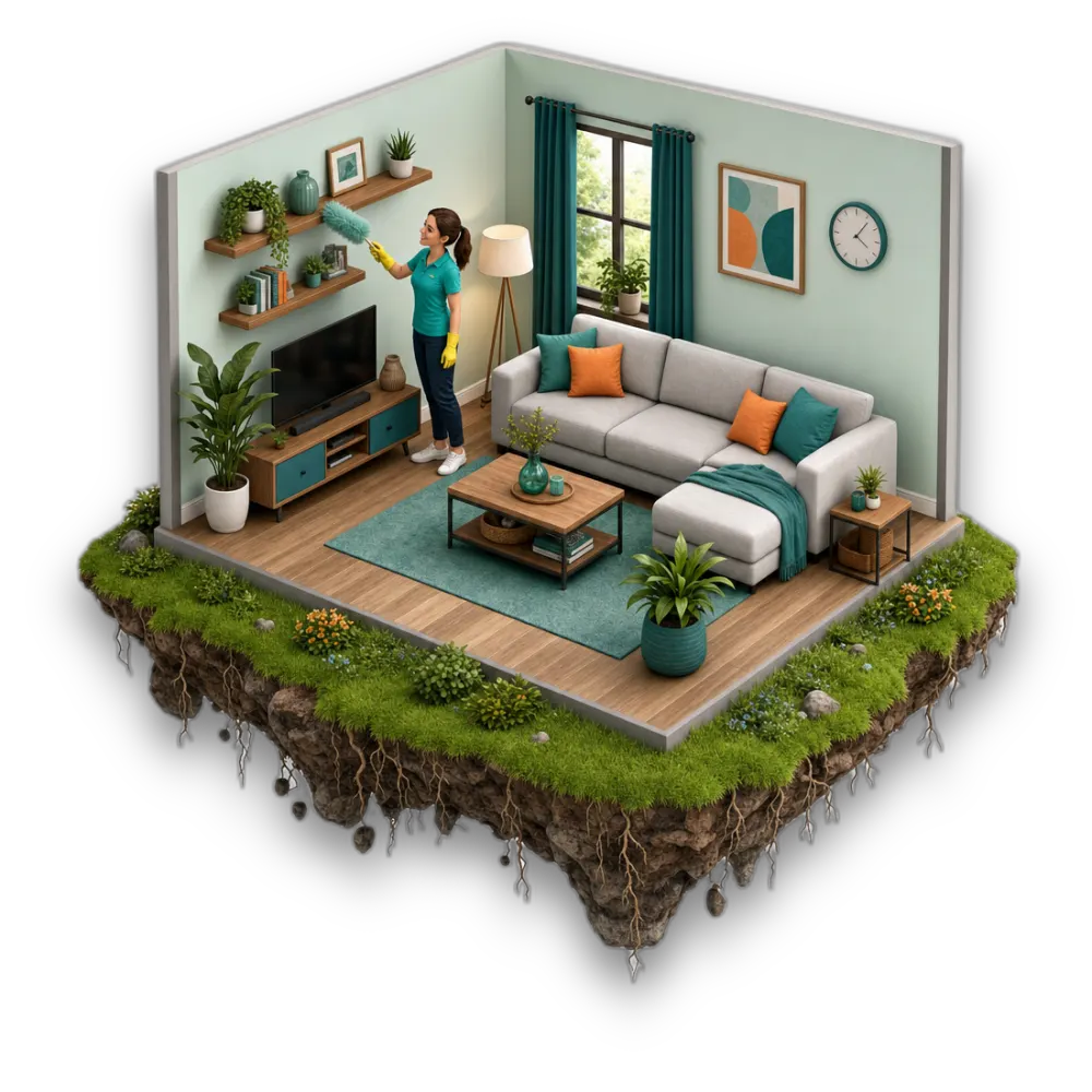 Floating-island diorama of a tidy Seattle living room kept up with recurring cleaning