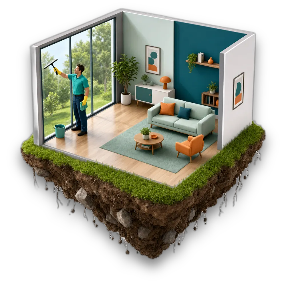 Cutaway diorama of a Seattle room with a large window being cleaned streak-free, on a floating island